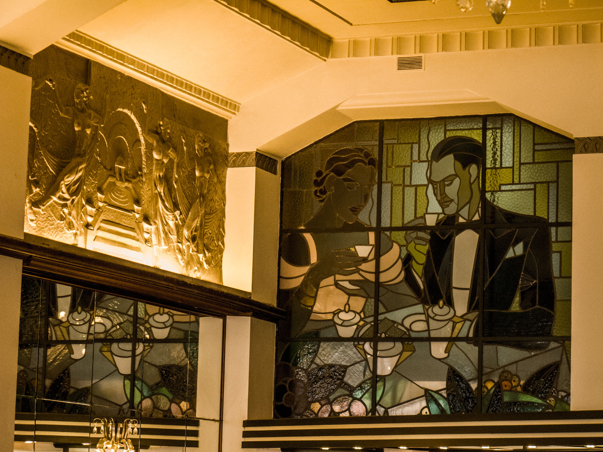 Art Deco vitral celebrating coffee at Mcdonalds Imperial Café in Porto.
